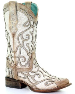 Corral Women's White Glitter Inlay Western Boots - Square Toe
