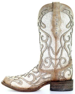 Corral Women's White Glitter Inlay Western Boots - Square Toe -EverTrail Boots Sales Store 2000288063 103 P3